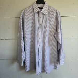 Stafford Fitted Burgundy Blue Striped Cotton Blend Dress Shirt 17.5 34/35